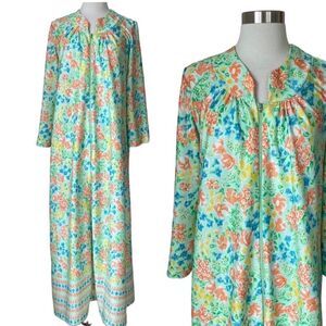 Vintage 70s 80s Nightgown House Dress Maxi Floral Hippie Woman Size Medium Green